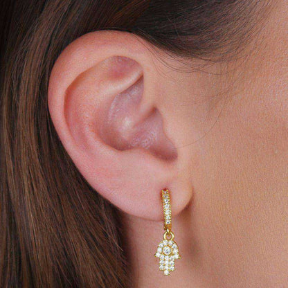 Brinco Dourado Argolinha Mãos de Fátima Cravejado Zircônia - Galeria