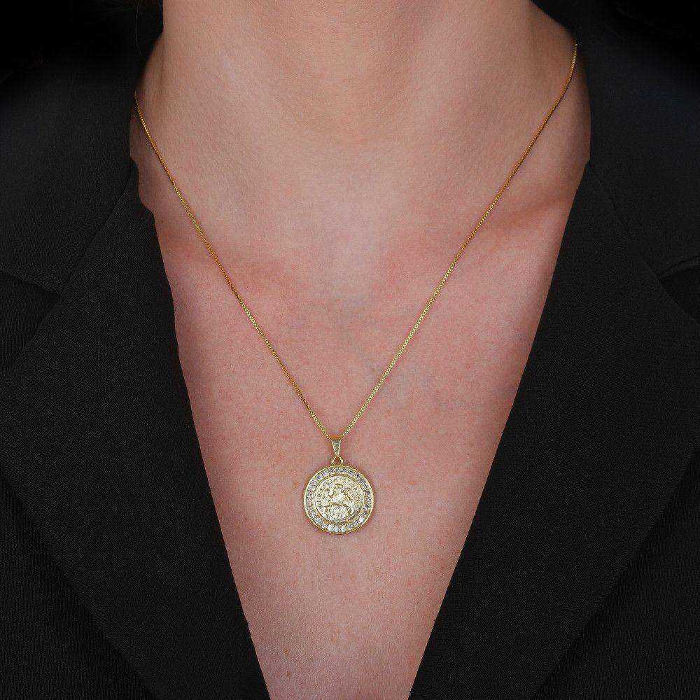 colar dourado medalha são miguel arcanjo cravejado de zircônia - galeria