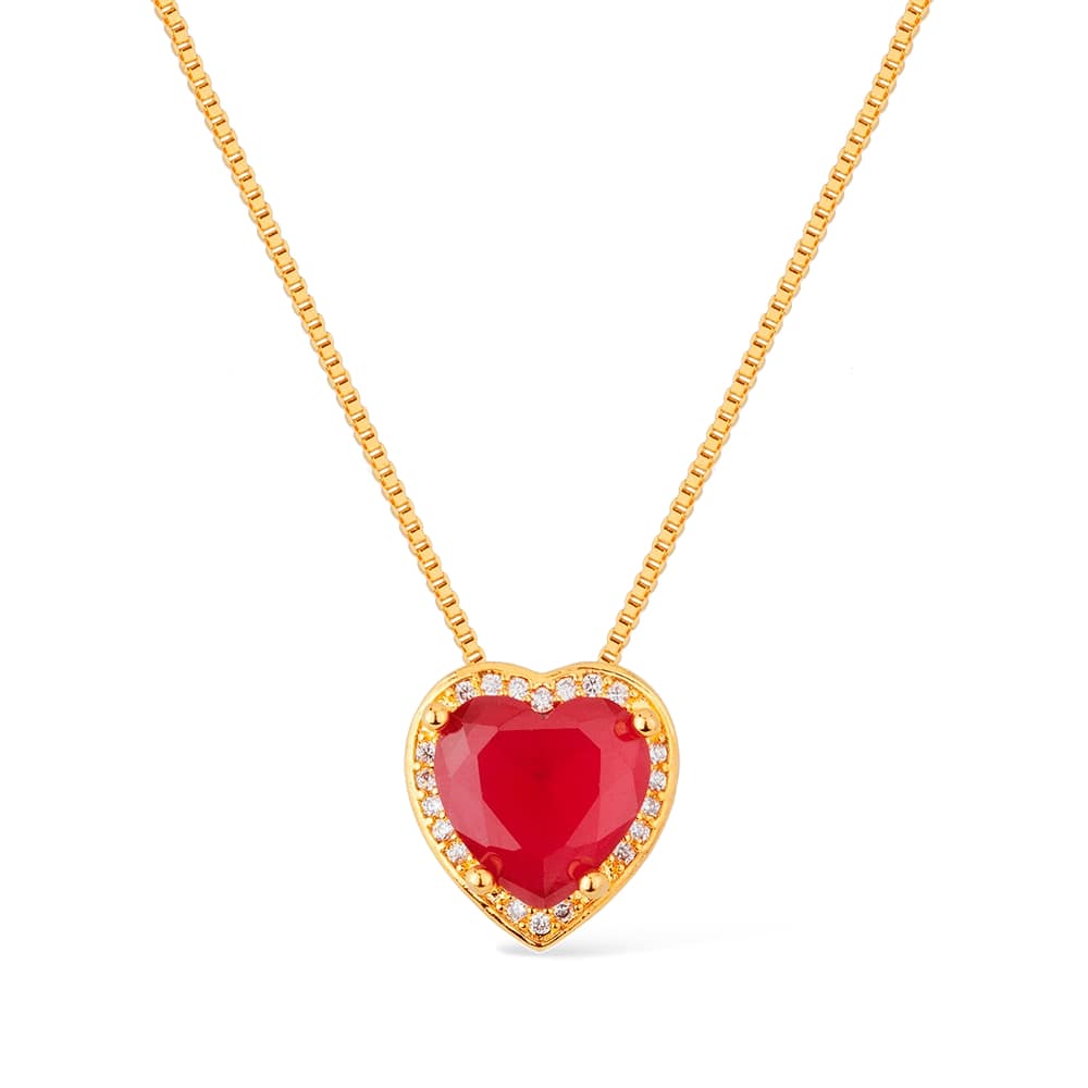 colar dourado de pedra natural vermelha coração cravejado de zircônia