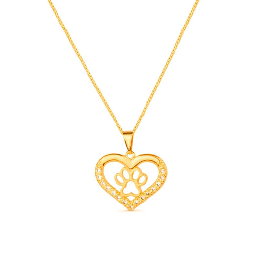 Colar Dourado Chocker de Coração e Pata Pet Zircônia